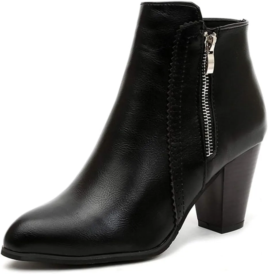 Women's Pointed Toe Chunky High Heel Ankle Boots Fashion Zipper Chelsea Booties Dressy Short Boot