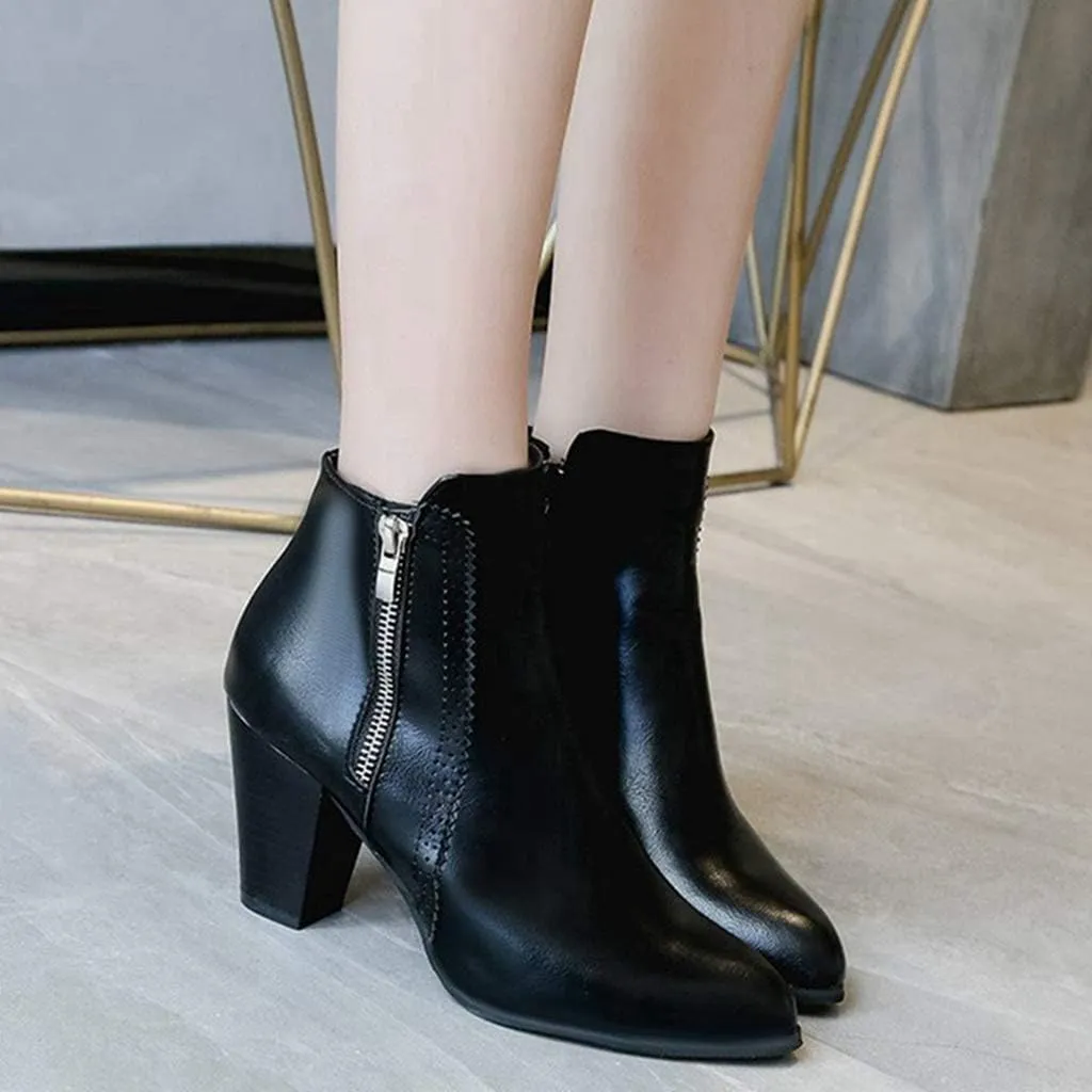 Women's Pointed Toe Chunky High Heel Ankle Boots Fashion Zipper Chelsea Booties Dressy Short Boot