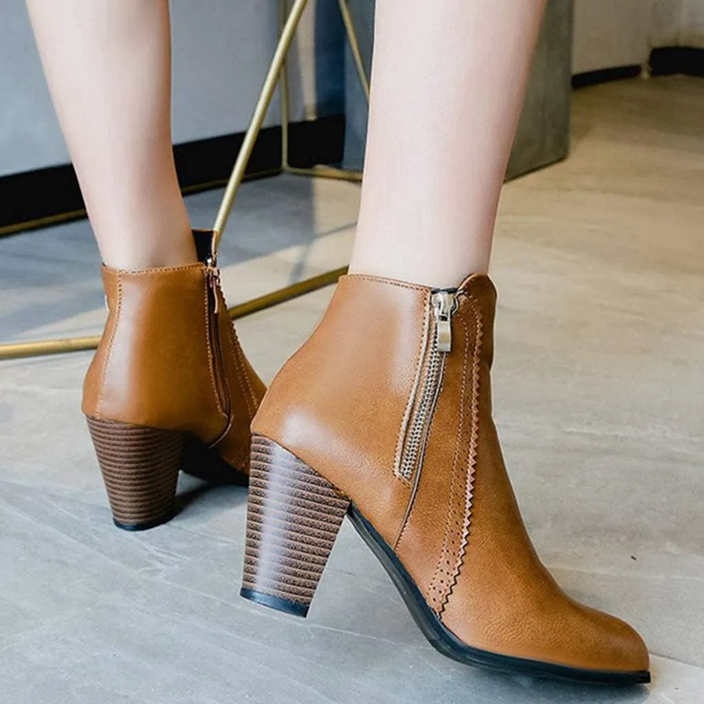 Women's Pointed Toe Chunky High Heel Ankle Boots Fashion Zipper Chelsea Booties Dressy Short Boot