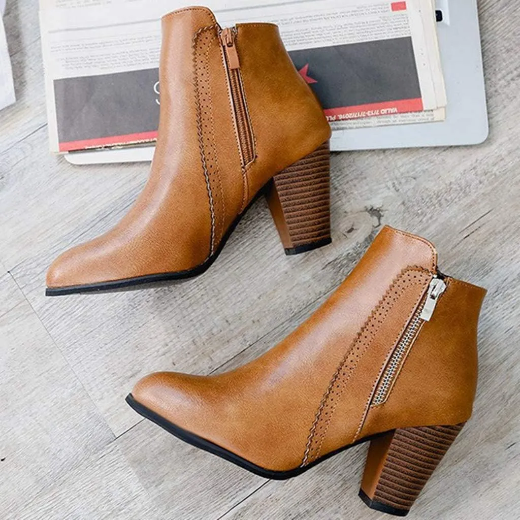 Women's Pointed Toe Chunky High Heel Ankle Boots Fashion Zipper Chelsea Booties Dressy Short Boot