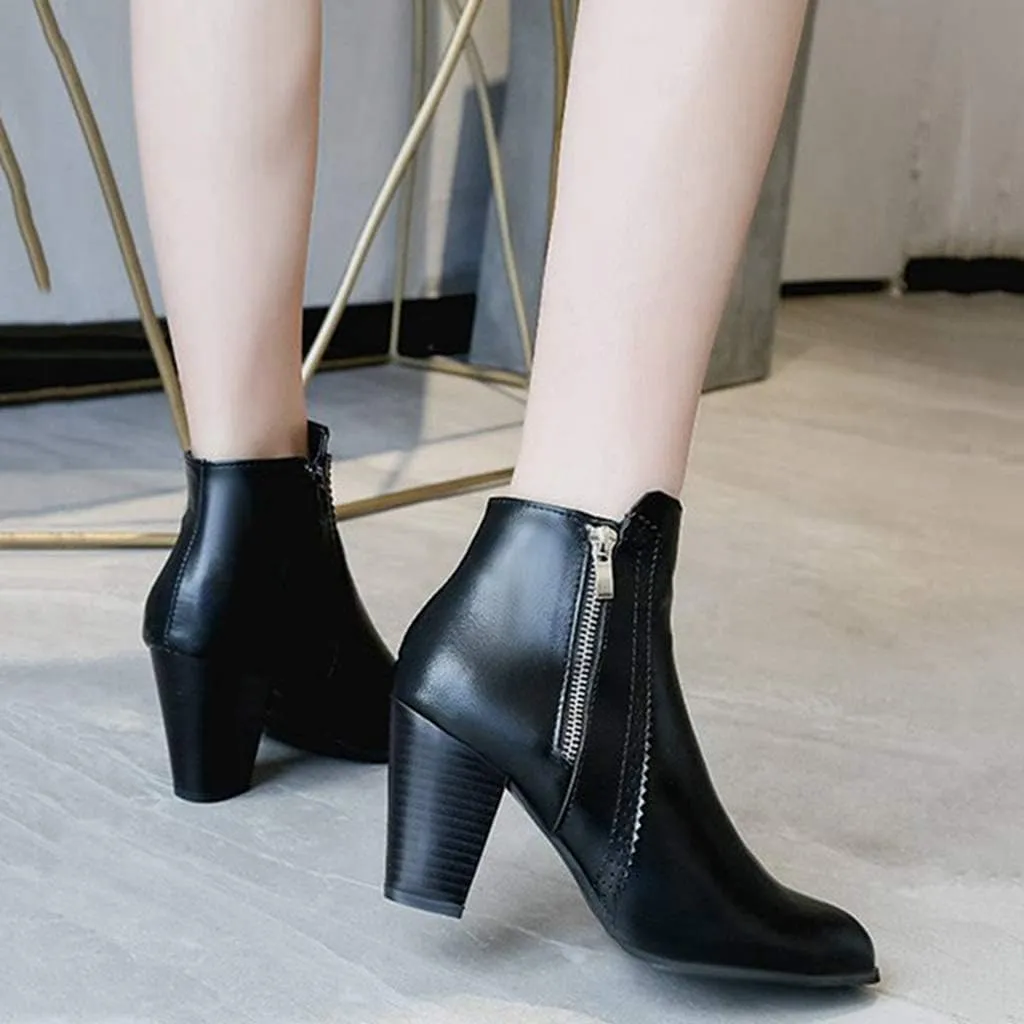 Women's Pointed Toe Chunky High Heel Ankle Boots Fashion Zipper Chelsea Booties Dressy Short Boot