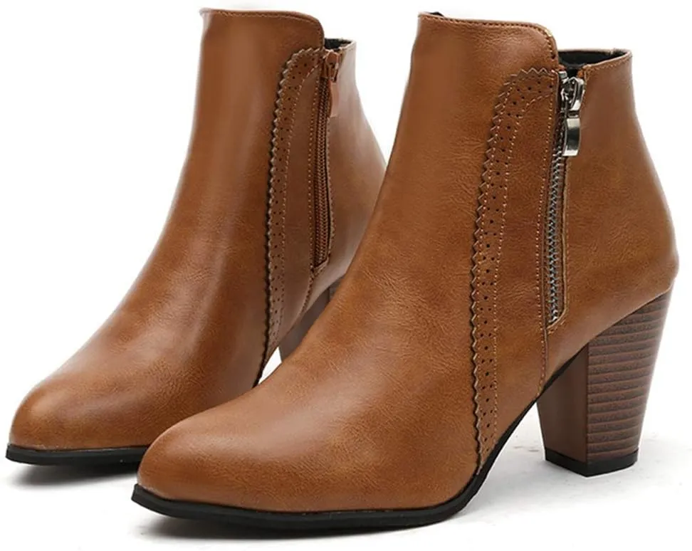 Women's Pointed Toe Chunky High Heel Ankle Boots Fashion Zipper Chelsea Booties Dressy Short Boot