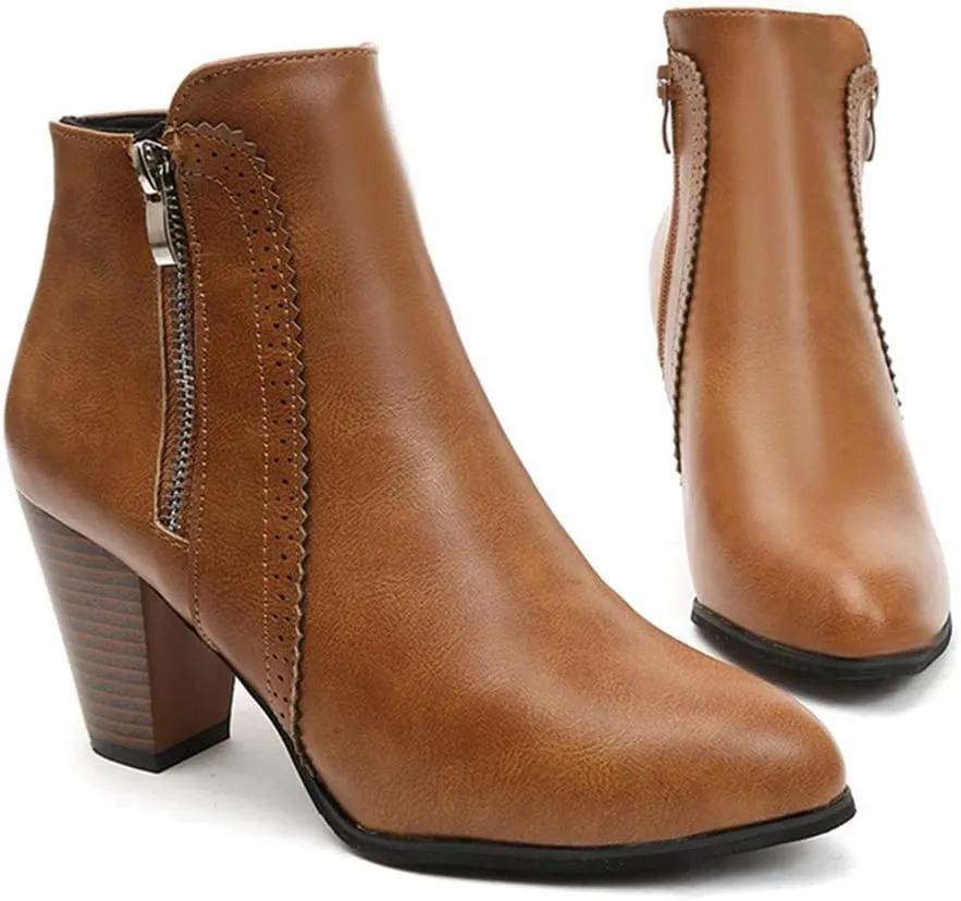 Women's Pointed Toe Chunky High Heel Ankle Boots Fashion Zipper Chelsea Booties Dressy Short Boot