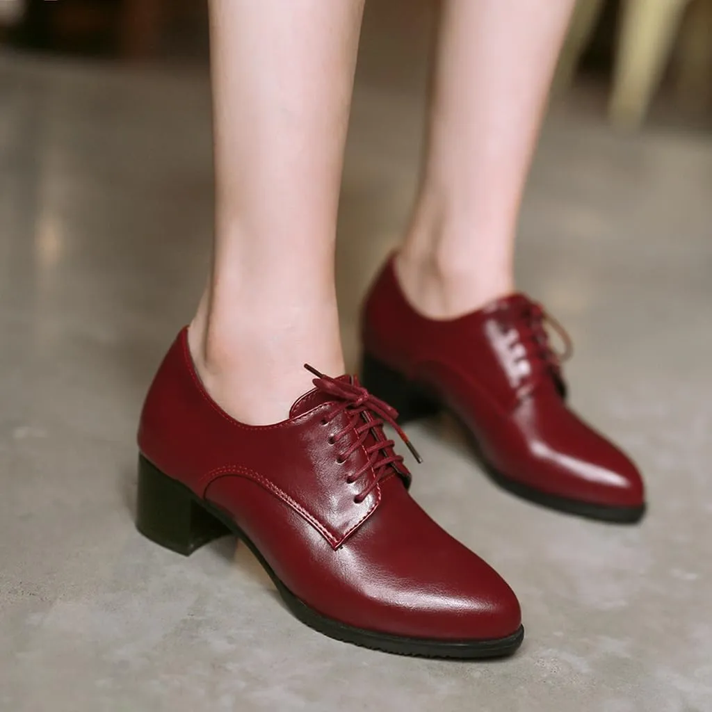 Women's Pointed Toe Lace Up Chunky Mid Heels Oxfords Pumps Comfort Leather Classic Brogues Dress Shoes