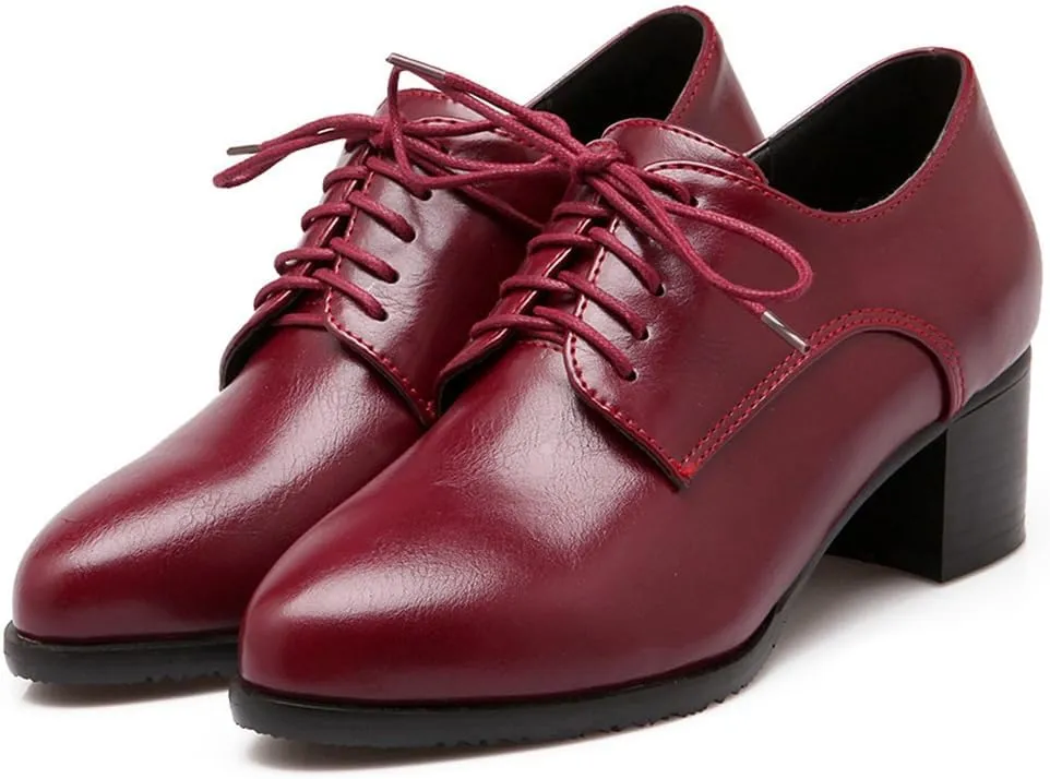 Women's Pointed Toe Lace Up Chunky Mid Heels Oxfords Pumps Comfort Leather Classic Brogues Dress Shoes