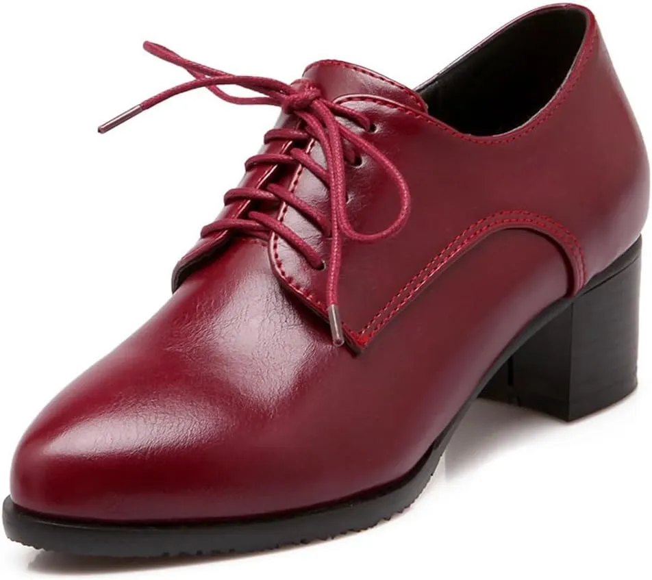 Women's Pointed Toe Lace Up Chunky Mid Heels Oxfords Pumps Comfort Leather Classic Brogues Dress Shoes