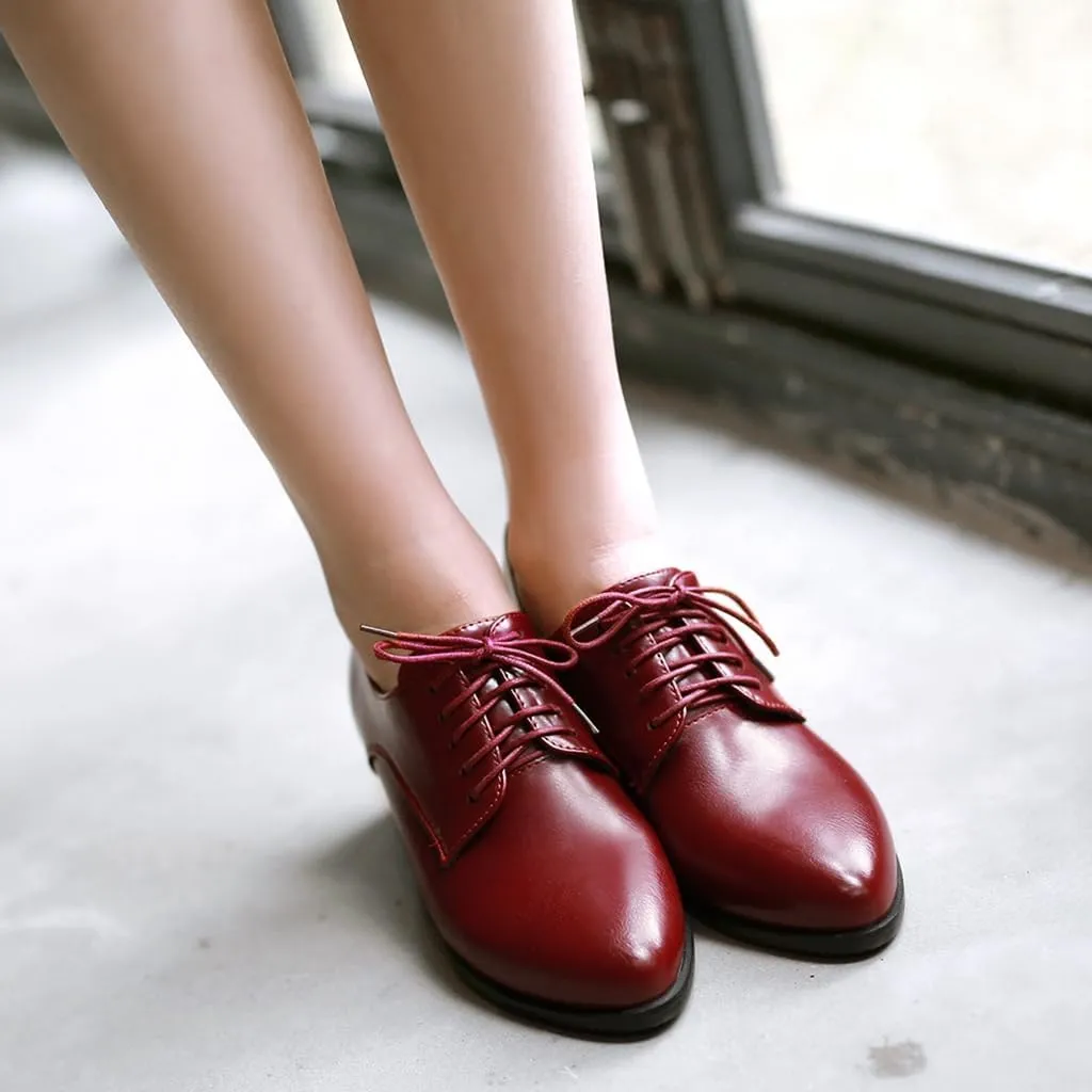 Women's Pointed Toe Lace Up Chunky Mid Heels Oxfords Pumps Comfort Leather Classic Brogues Dress Shoes