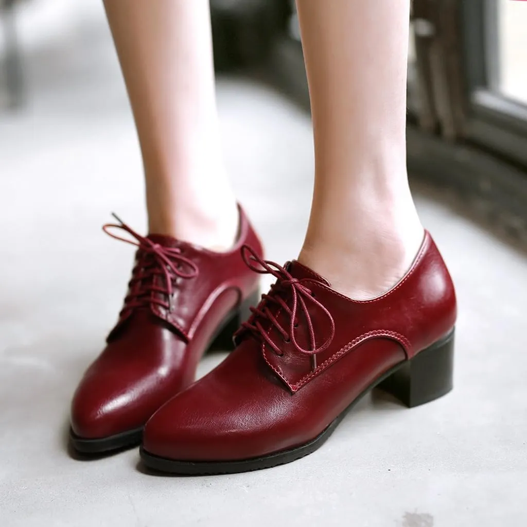 Women's Pointed Toe Lace Up Chunky Mid Heels Oxfords Pumps Comfort Leather Classic Brogues Dress Shoes