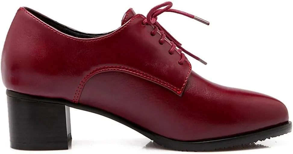 Women's Pointed Toe Lace Up Chunky Mid Heels Oxfords Pumps Comfort Leather Classic Brogues Dress Shoes
