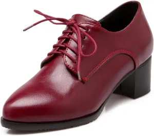 Women's Pointed Toe Lace Up Chunky Mid Heels Oxfords Pumps Comfort Leather Classic Brogues Dress Shoes