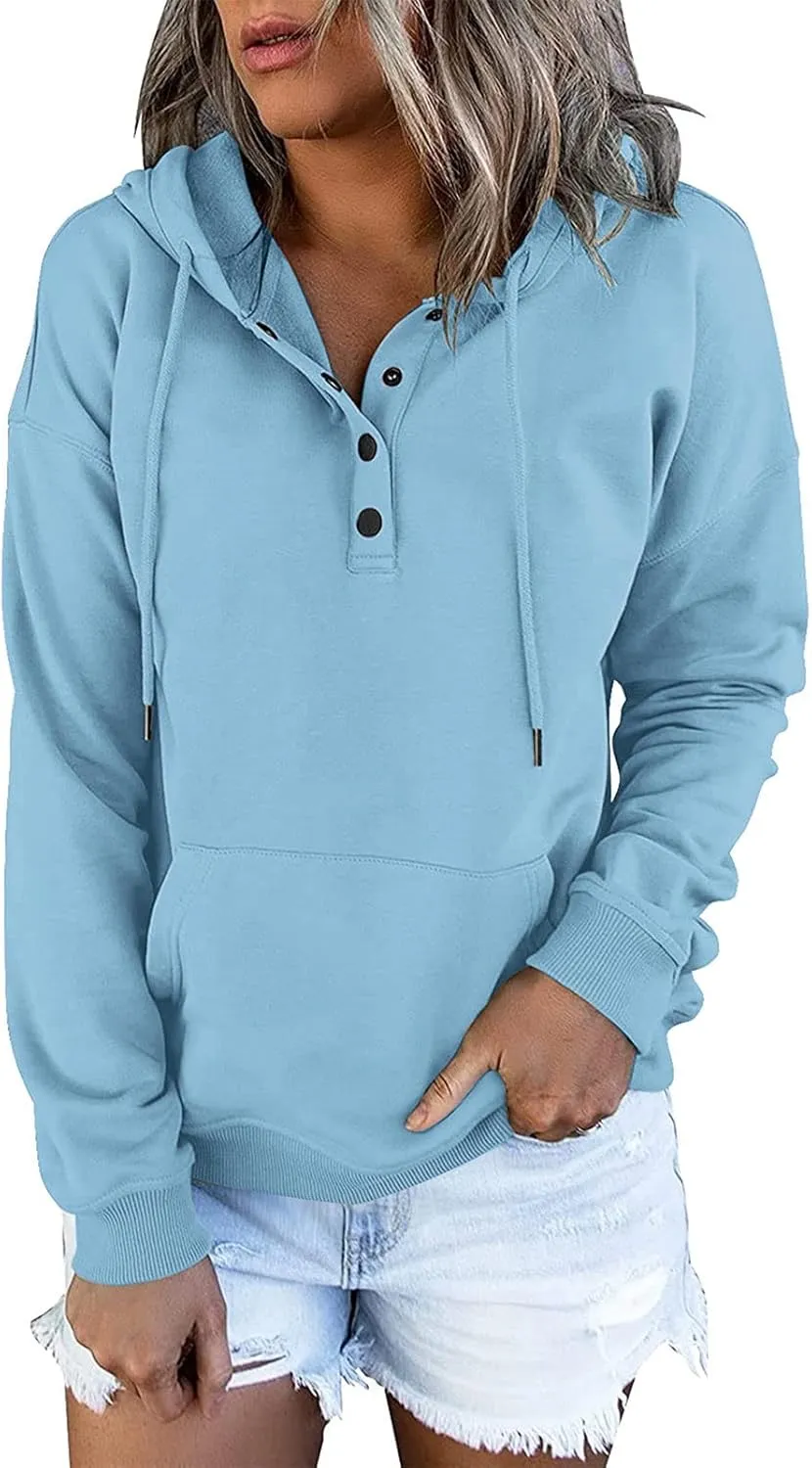 Womens Pure Color Oversized Hoodies Button V Neck Athletic Hooded Sweatshirts Fall Winter Pullover with Pocket