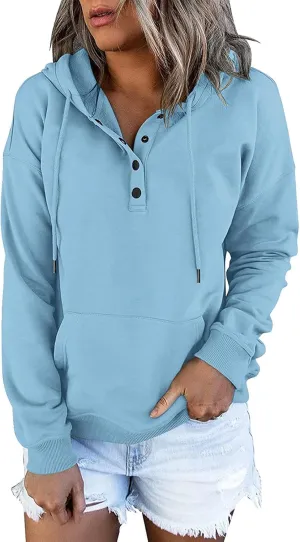 Womens Pure Color Oversized Hoodies Button V Neck Athletic Hooded Sweatshirts Fall Winter Pullover with Pocket