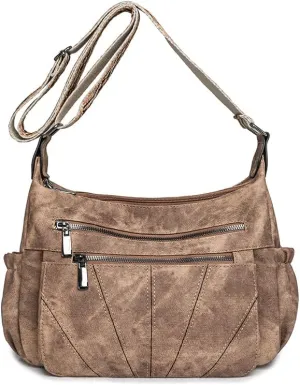 women's retro large capacity multi-layer zipper embroidered wide shoulder strap crossbody bag shoulder bag casual bag（brown）