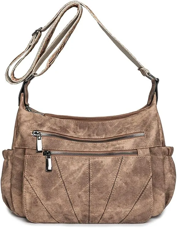 women's retro large capacity multi-layer zipper embroidered wide shoulder strap crossbody bag shoulder bag casual bag（brown）