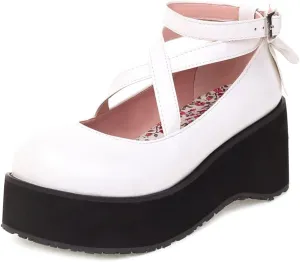 Women's Round Toe Ankle Strap Platform Mary Janes Pumps Leather Chunky High Heel Oxford Dress Shoes