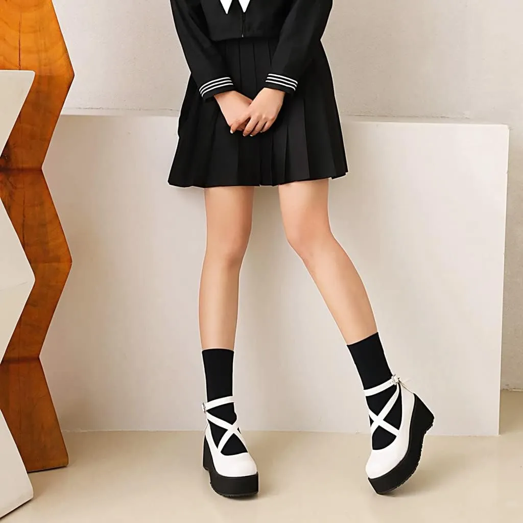Women's Round Toe Ankle Strap Platform Mary Janes Pumps Leather Chunky High Heel Oxford Dress Shoes