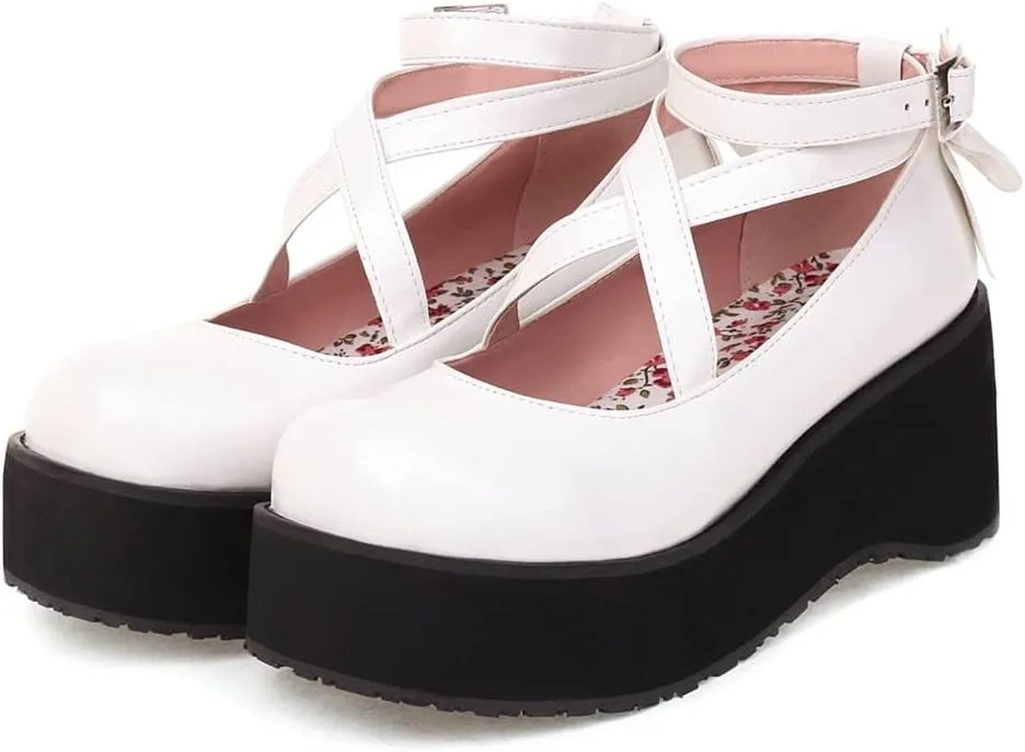 Women's Round Toe Ankle Strap Platform Mary Janes Pumps Leather Chunky High Heel Oxford Dress Shoes