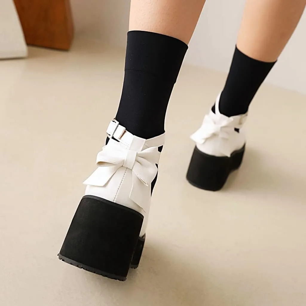 Women's Round Toe Ankle Strap Platform Mary Janes Pumps Leather Chunky High Heel Oxford Dress Shoes