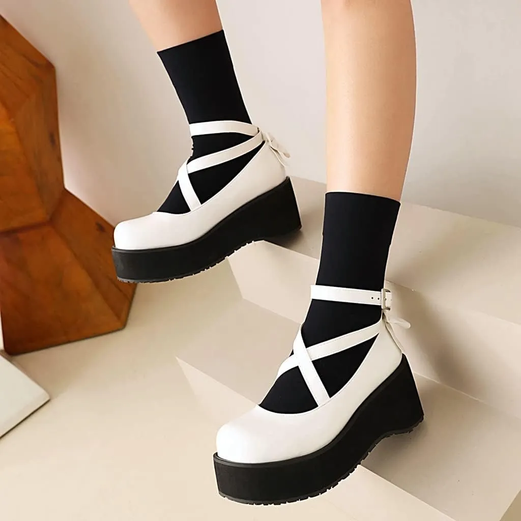 Women's Round Toe Ankle Strap Platform Mary Janes Pumps Leather Chunky High Heel Oxford Dress Shoes