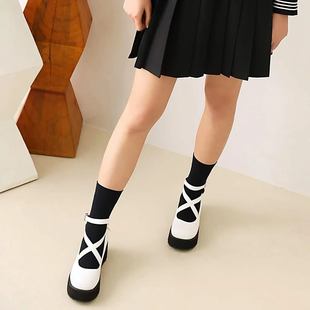 Women's Round Toe Ankle Strap Platform Mary Janes Pumps Leather Chunky High Heel Oxford Dress Shoes
