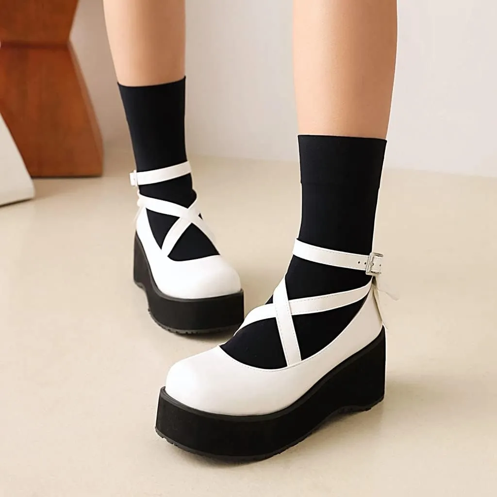 Women's Round Toe Ankle Strap Platform Mary Janes Pumps Leather Chunky High Heel Oxford Dress Shoes