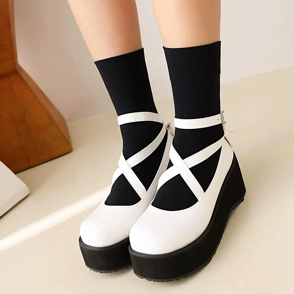 Women's Round Toe Ankle Strap Platform Mary Janes Pumps Leather Chunky High Heel Oxford Dress Shoes