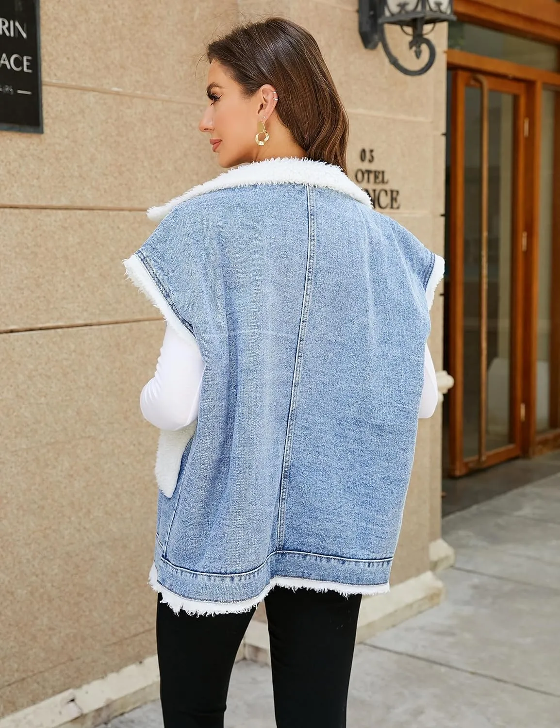Womens Sherpa Fleece Lined Denim Vest Loose Sleeveless Wool Warm Jean Jacket Waistcoat Outwear Gilet with Pockets