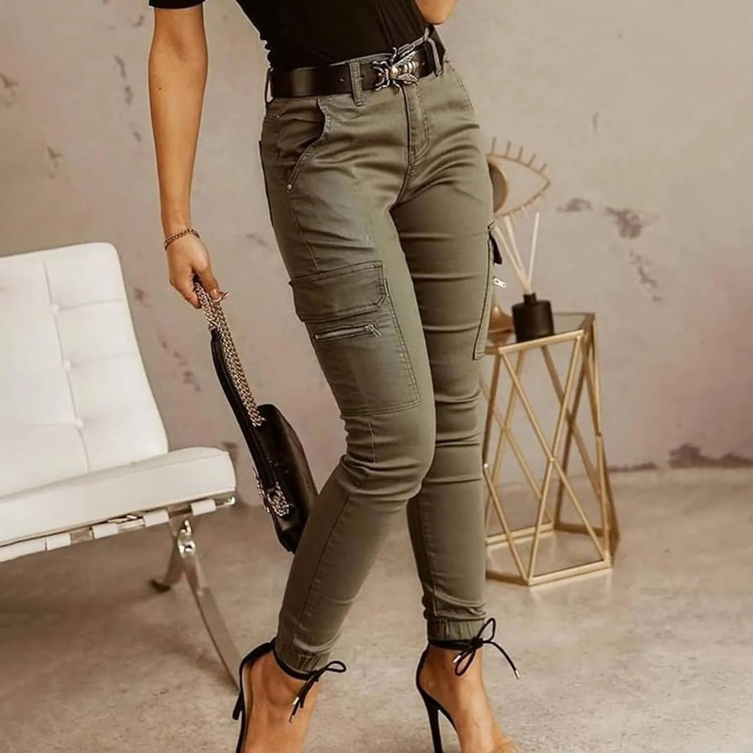 Womens Skinny Cargo Jeans with Pockets Mid Waist Flap Pocket Motorcycle Western Cowgirl Trousers Slim Fit Denim Pants