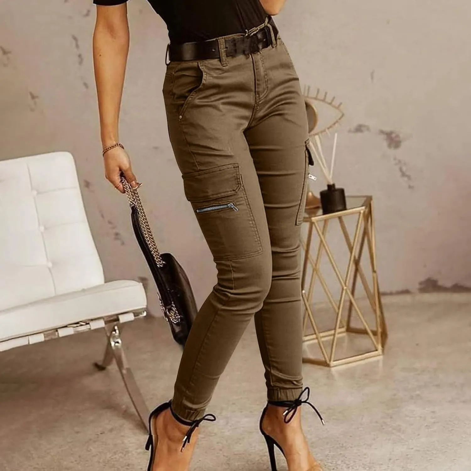 Womens Skinny Cargo Jeans with Pockets Mid Waist Flap Pocket Motorcycle Western Cowgirl Trousers Slim Fit Denim Pants