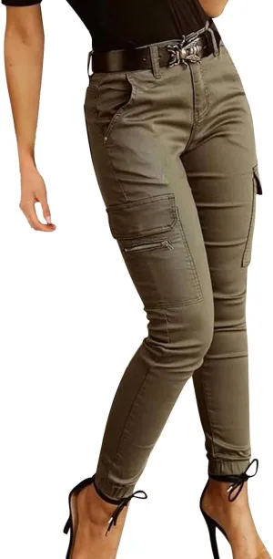 Womens Skinny Cargo Jeans with Pockets Mid Waist Flap Pocket Motorcycle Western Cowgirl Trousers Slim Fit Denim Pants