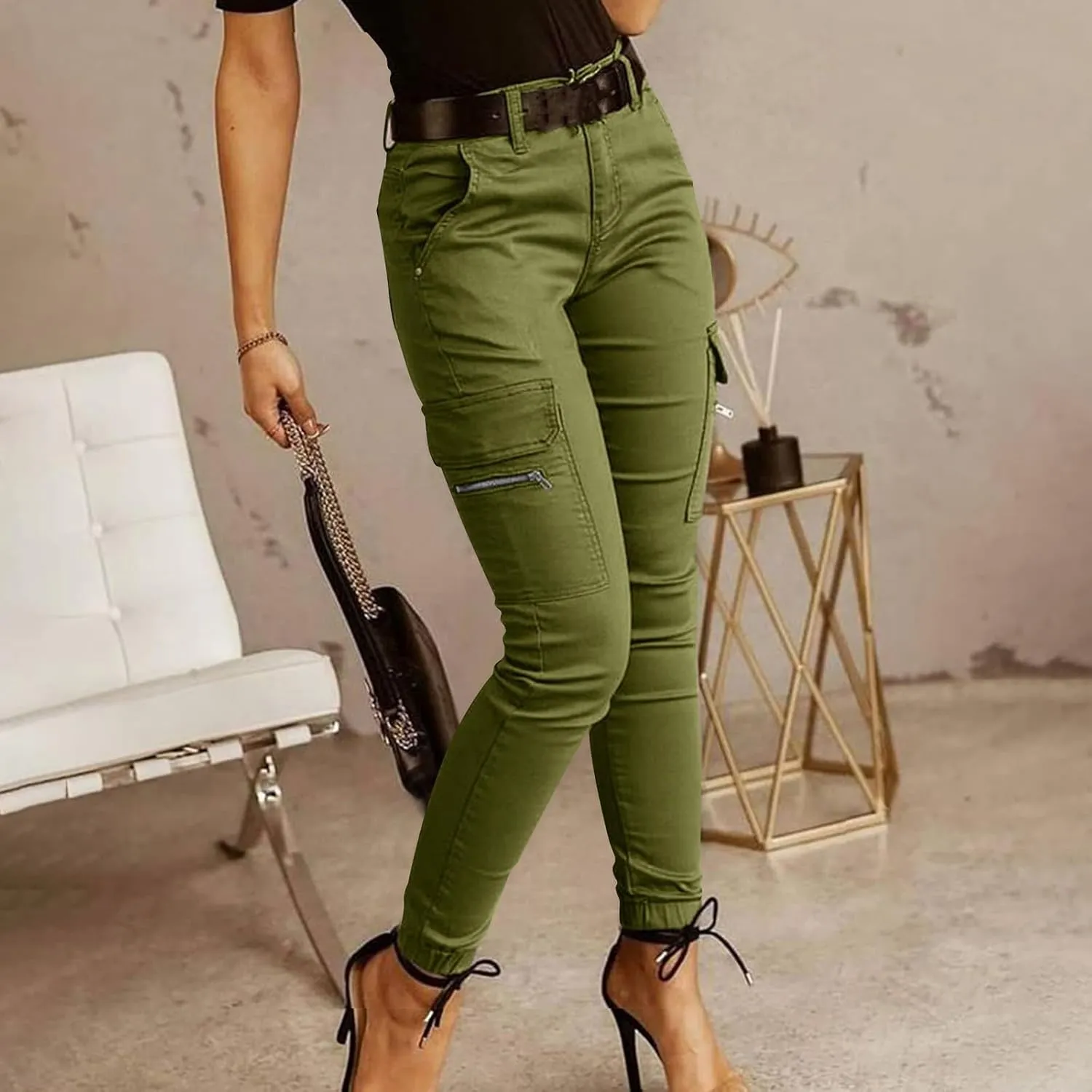 Womens Skinny Cargo Jeans with Pockets Mid Waist Flap Pocket Motorcycle Western Cowgirl Trousers Slim Fit Denim Pants