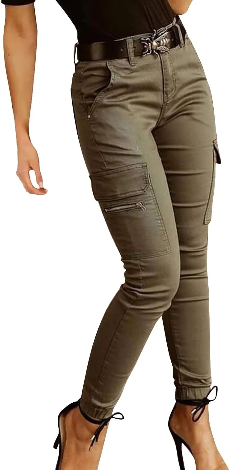 Womens Skinny Cargo Jeans with Pockets Mid Waist Flap Pocket Motorcycle Western Cowgirl Trousers Slim Fit Denim Pants