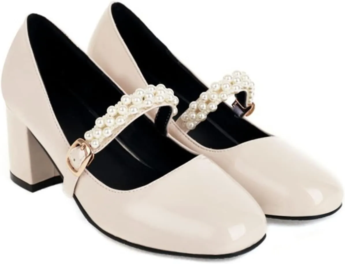 Women's Square Toe Mary Jane Pumps Pearl Ankle Strap Patent PU Leather Chunky Heel Office Dress Shoes