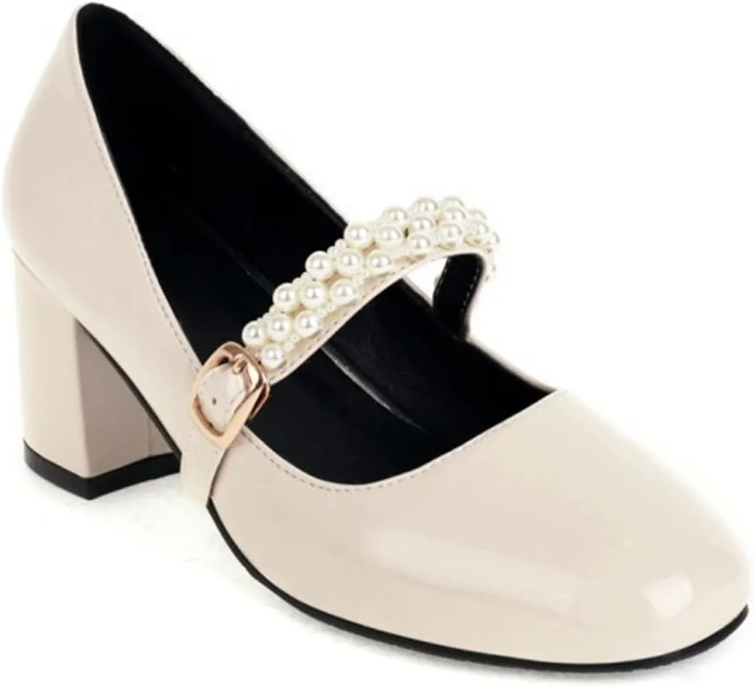 Women's Square Toe Mary Jane Pumps Pearl Ankle Strap Patent PU Leather Chunky Heel Office Dress Shoes