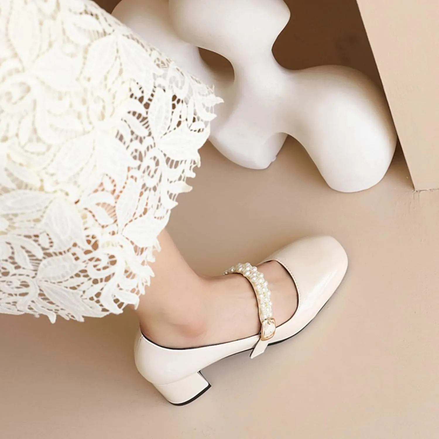 Women's Square Toe Mary Jane Pumps Pearl Ankle Strap Patent PU Leather Chunky Heel Office Dress Shoes
