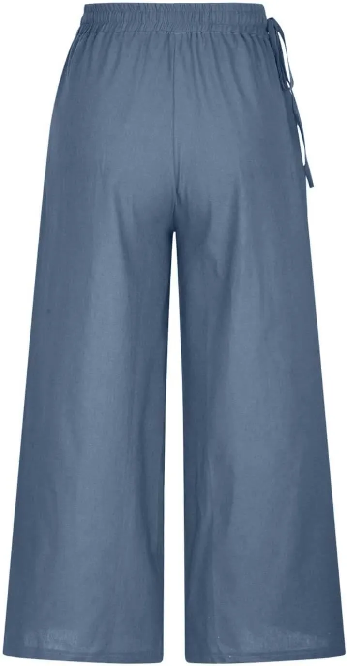 Womens Straight-Leg Pull-on Pants Cotton Linen Trousers Palazzo Lounge Pants Slacks Summer Casual Comfy Loose Pants