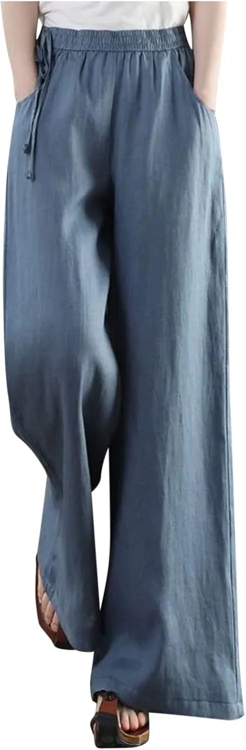 Womens Straight-Leg Pull-on Pants Cotton Linen Trousers Palazzo Lounge Pants Slacks Summer Casual Comfy Loose Pants