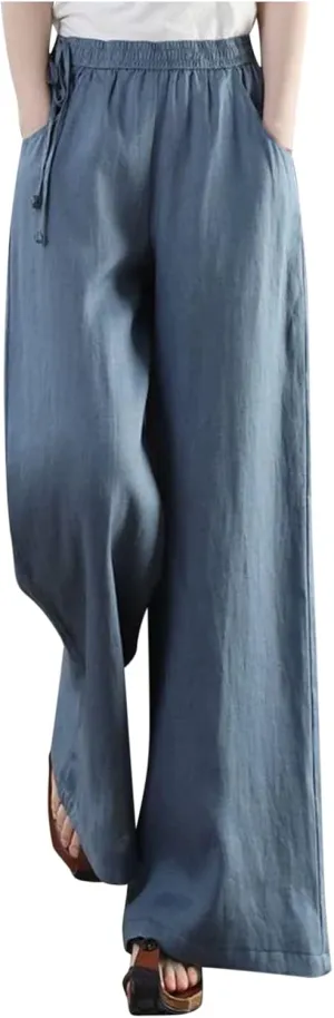 Womens Straight-Leg Pull-on Pants Cotton Linen Trousers Palazzo Lounge Pants Slacks Summer Casual Comfy Loose Pants