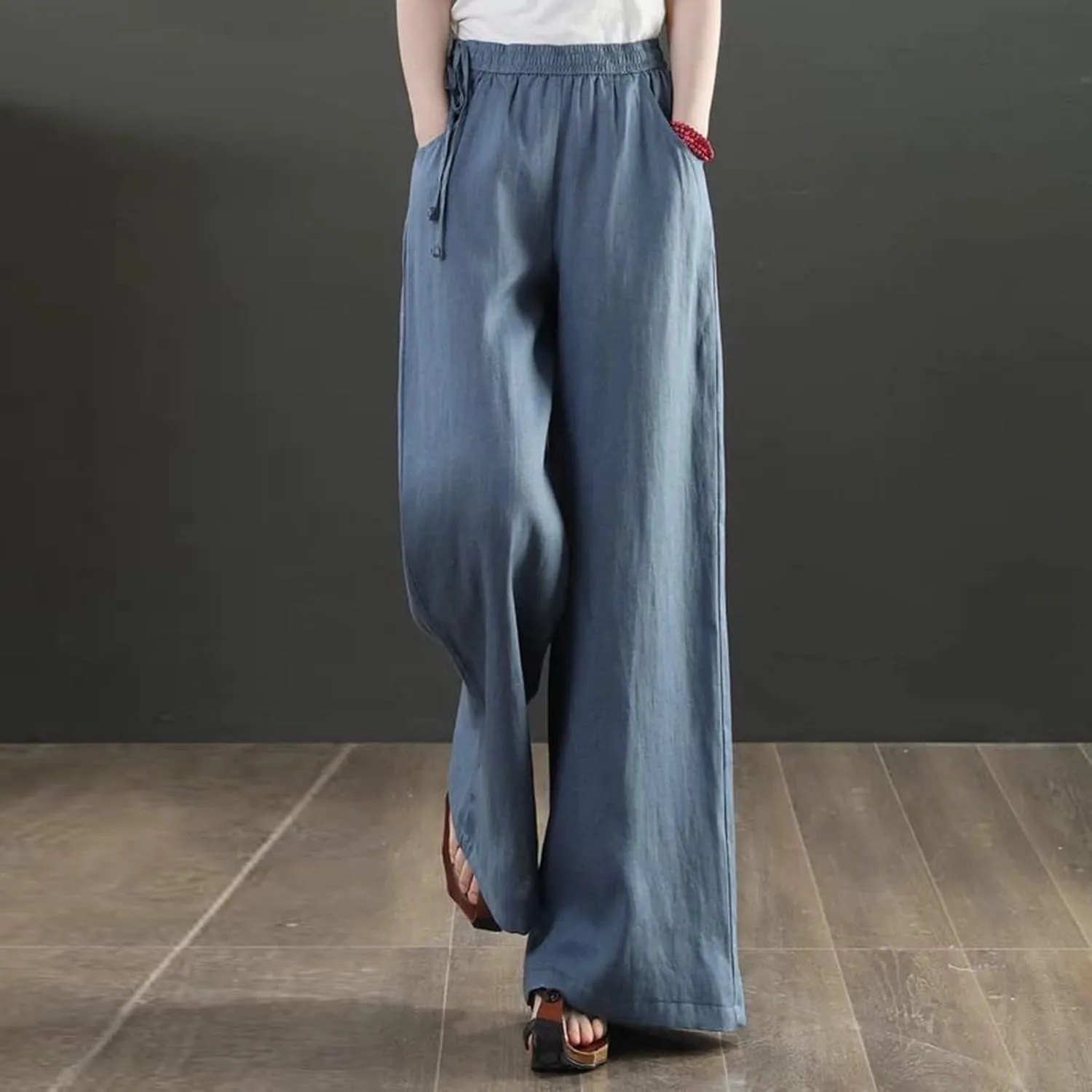 Womens Straight-Leg Pull-on Pants Cotton Linen Trousers Palazzo Lounge Pants Slacks Summer Casual Comfy Loose Pants