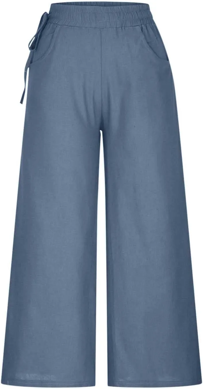Womens Straight-Leg Pull-on Pants Cotton Linen Trousers Palazzo Lounge Pants Slacks Summer Casual Comfy Loose Pants