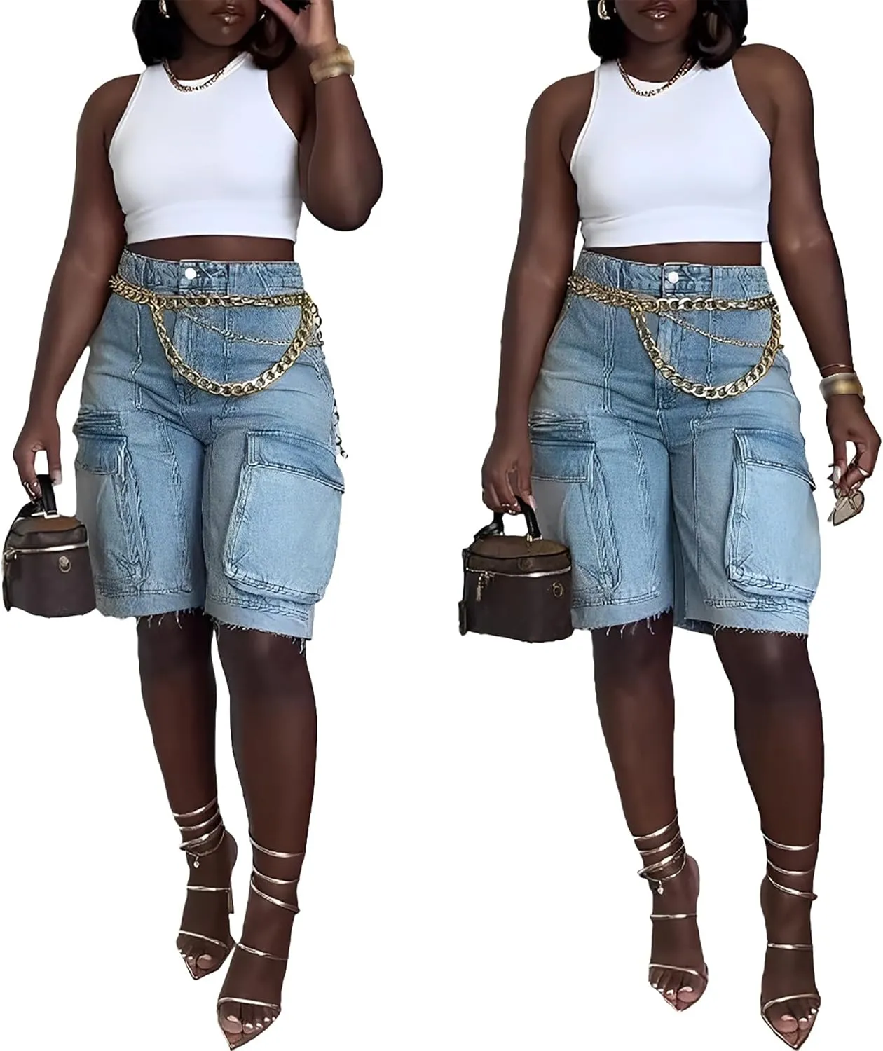 Women's Summer Bermuda Knee Length Denim Shorts High Waist Casual Baggy Cargo Short Jean Pants Trendy