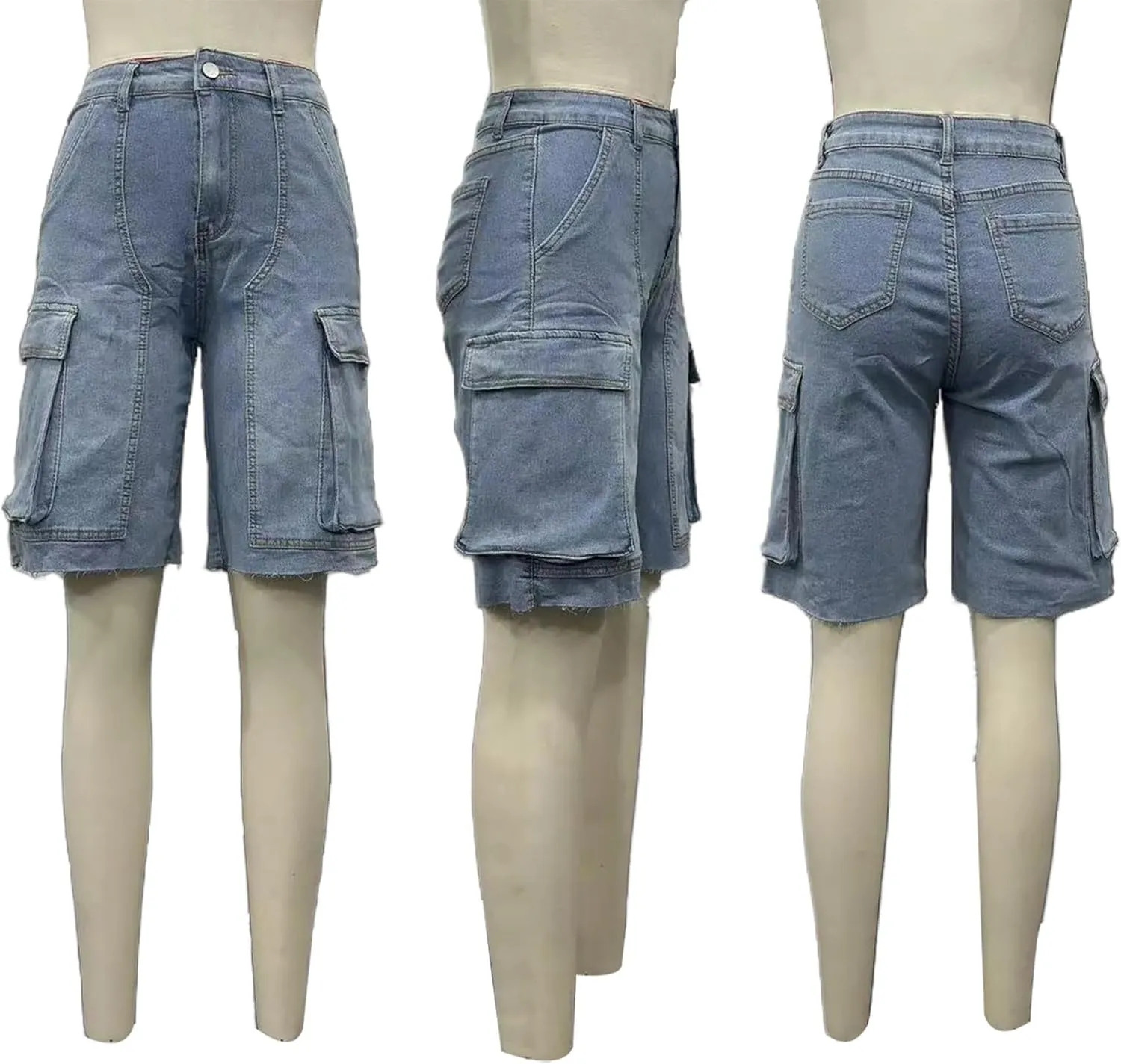 Women's Summer Bermuda Knee Length Denim Shorts High Waist Casual Baggy Cargo Short Jean Pants Trendy