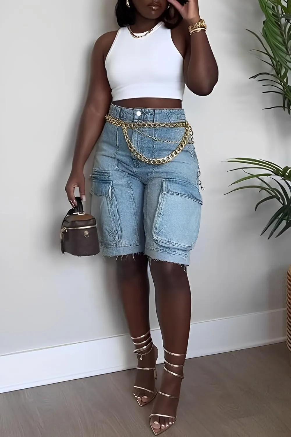 Women's Summer Bermuda Knee Length Denim Shorts High Waist Casual Baggy Cargo Short Jean Pants Trendy