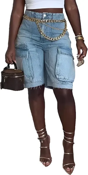 Women's Summer Bermuda Knee Length Denim Shorts High Waist Casual Baggy Cargo Short Jean Pants Trendy