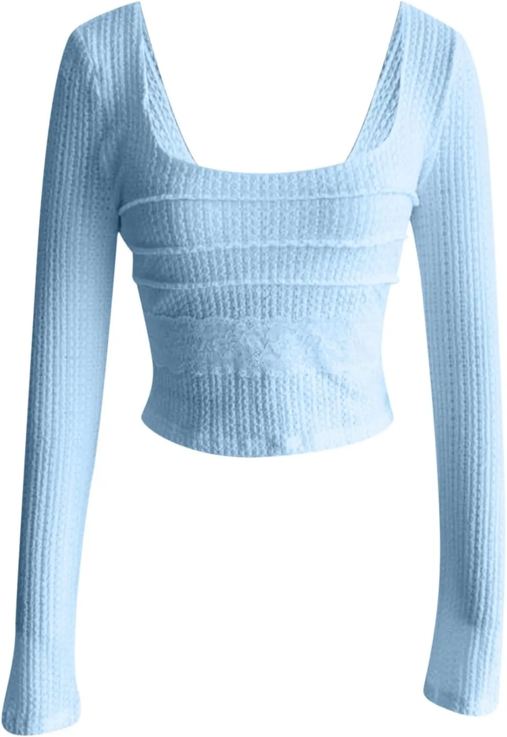 Women's Summer Knitted Long Sleeve T Shirts Solid Color Square Neck Lace Patchwork Tops Slim Fit Y2k Streetwear Shirt