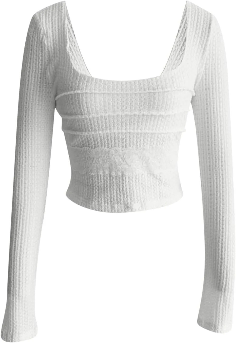 Women's Summer Knitted Long Sleeve T Shirts Solid Color Square Neck Lace Patchwork Tops Slim Fit Y2k Streetwear Shirt