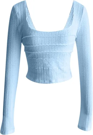 Women's Summer Knitted Long Sleeve T Shirts Solid Color Square Neck Lace Patchwork Tops Slim Fit Y2k Streetwear Shirt