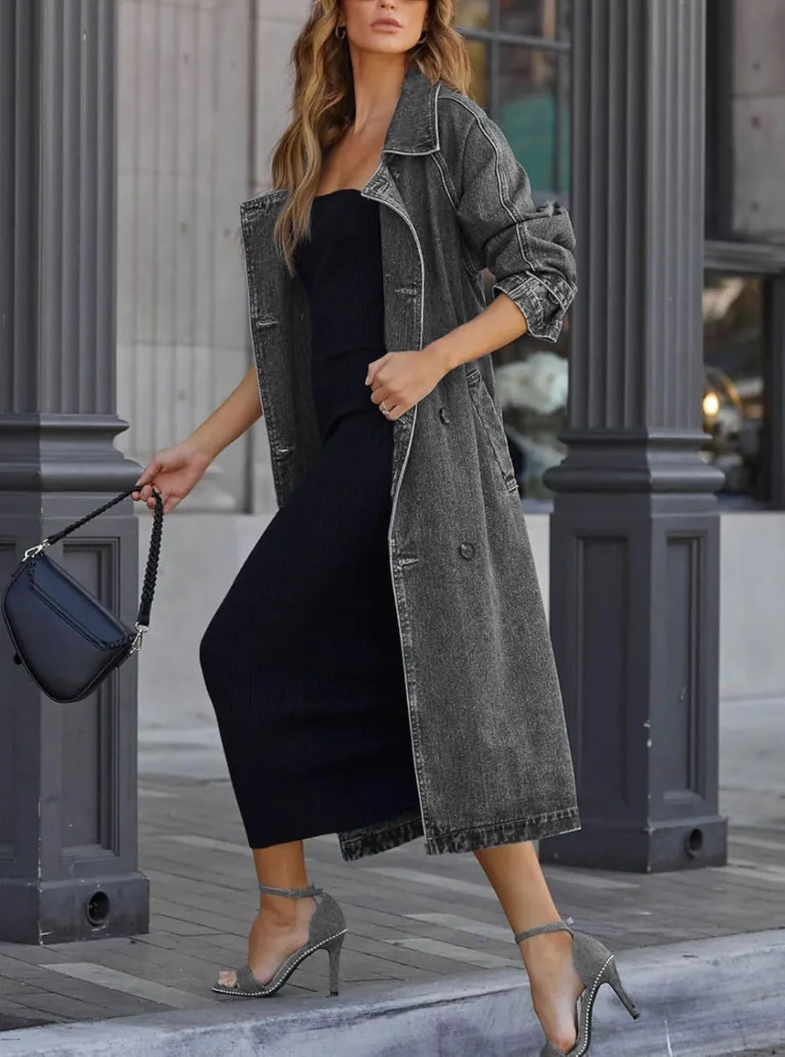 Women's Vintage Notched Collar Double Breasted Over Knee Midi Long Denim Jacket Trench Coat with Belt