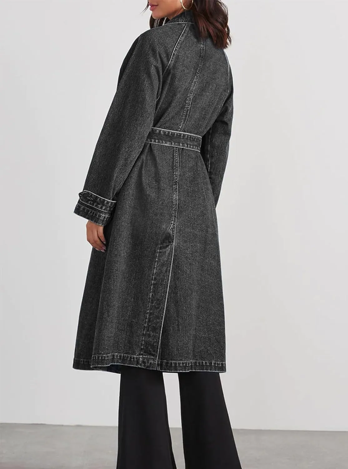 Women's Vintage Notched Collar Double Breasted Over Knee Midi Long Denim Jacket Trench Coat with Belt