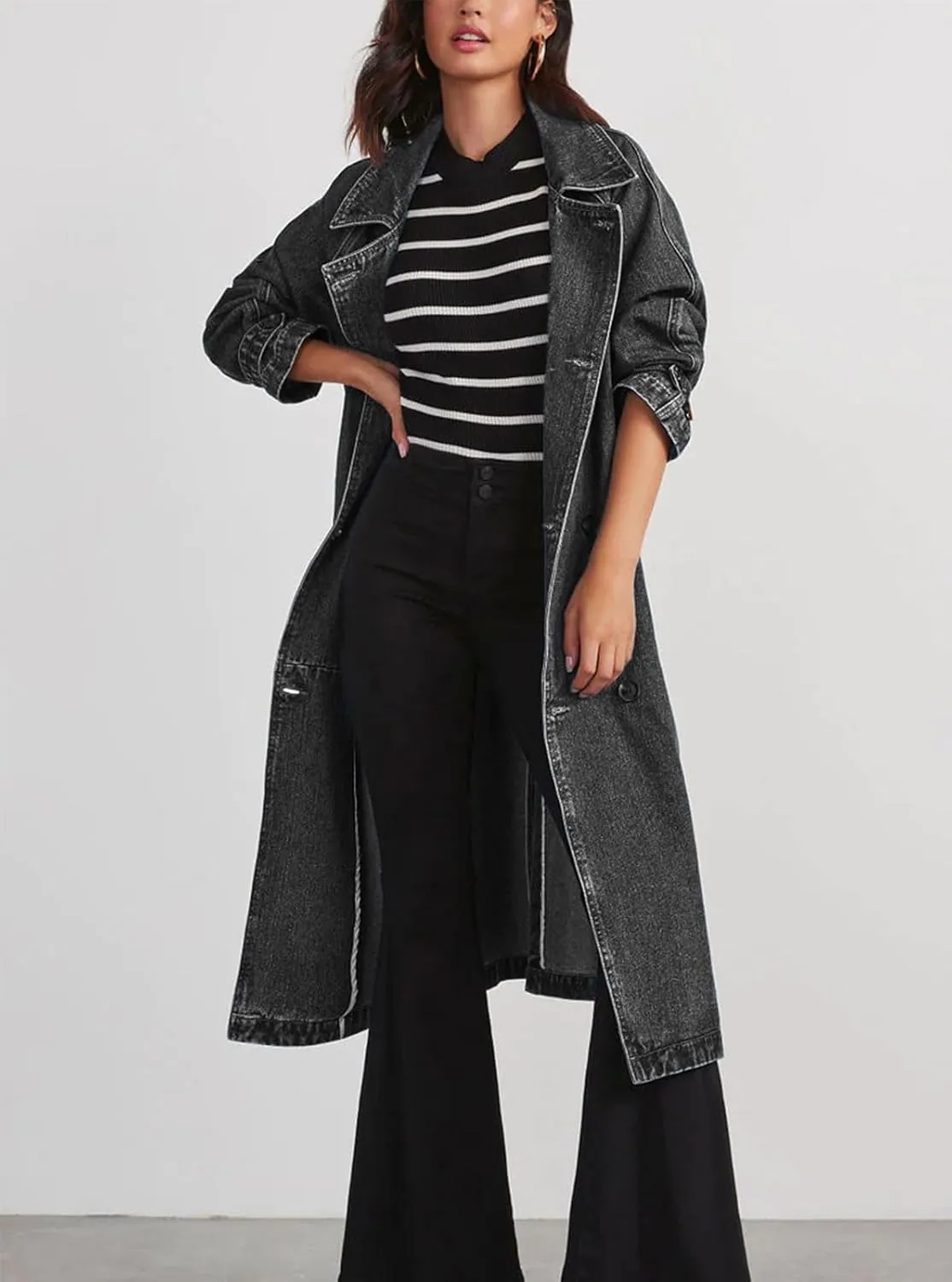 Women's Vintage Notched Collar Double Breasted Over Knee Midi Long Denim Jacket Trench Coat with Belt